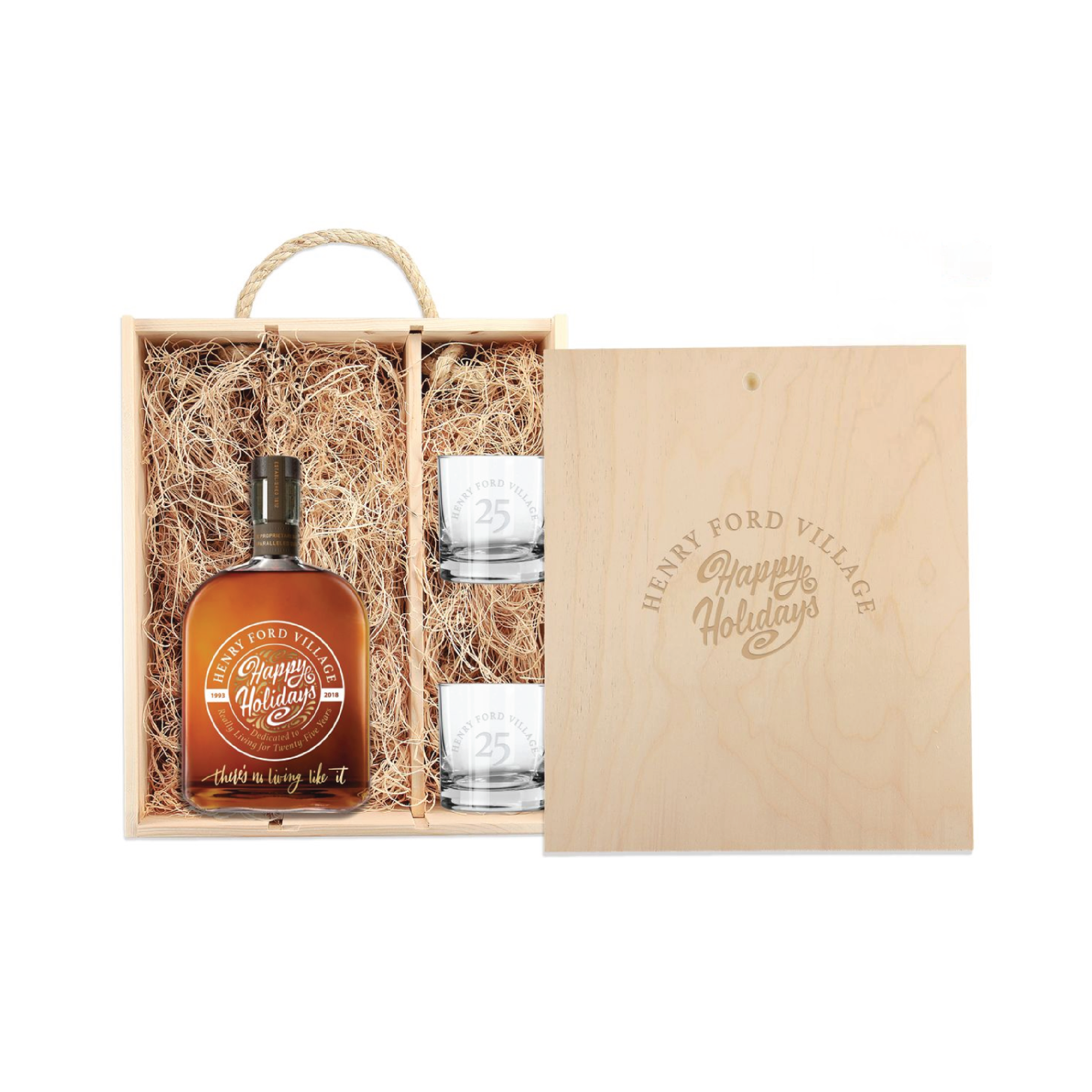 Laser-Engraved Triple Wood Box w/Custom Etched Liquor Bottle + Glasses